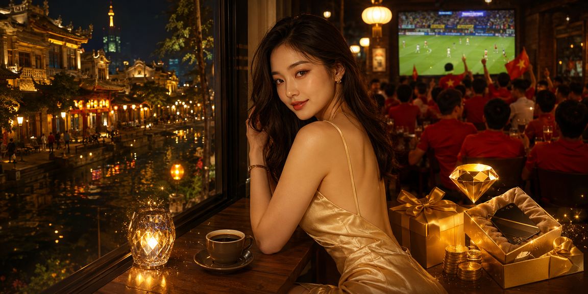 Không gian cà phê Huế thanh lịch, người dùng xem thông tin VIP và bonus jackpot trên điện thoại